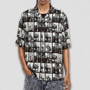 H&M🔥Printed Resort Shirt Relaxed Fit Side-Slit Straight-Cut Hem Black/Gray sz L